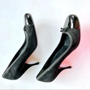 Prada black suede patent cap toe heels 38